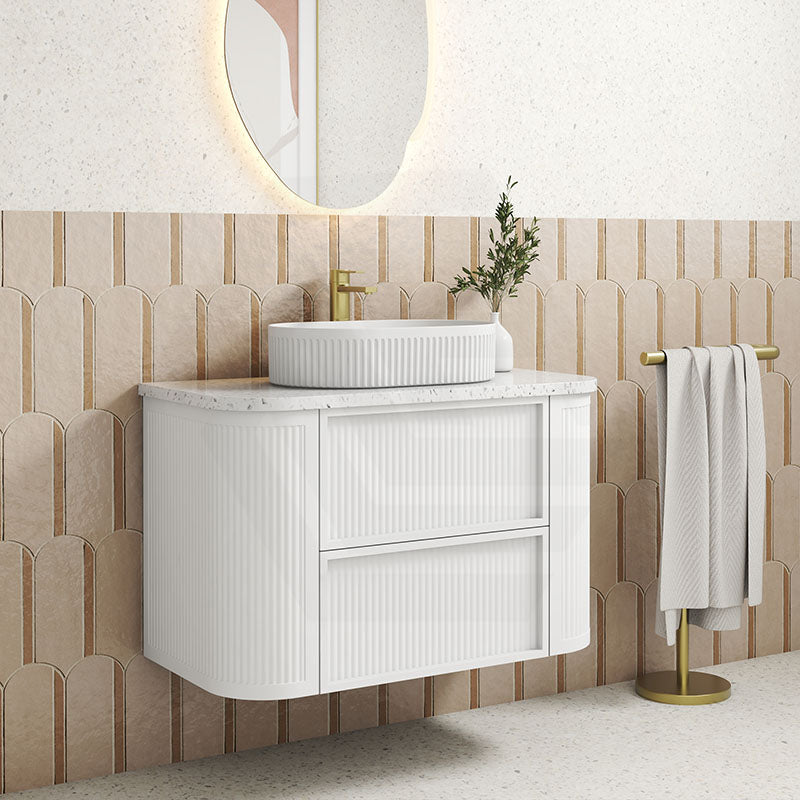 Aulic Ramee 750-1800mm Matt White Fluted Curved Plywood Wall Hung Vanity with L-Rail Finger Pull Drawers