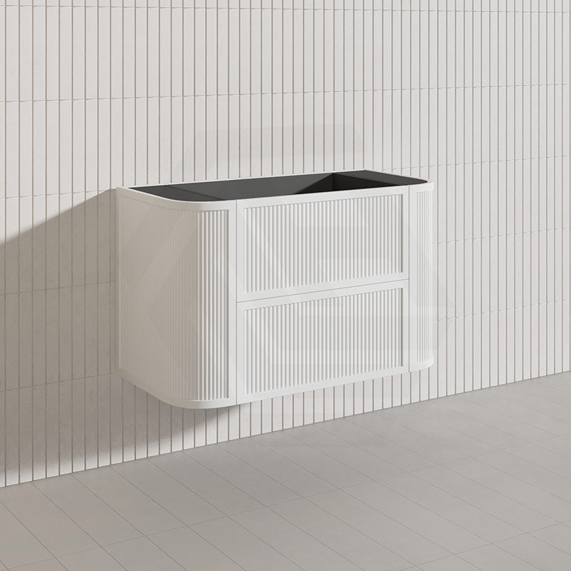 Aulic Ramee 900mm Fluted Curved Plywood Single Bowl Wall Hung Vanity with L-Rail Finger Pull Drawers Matt White