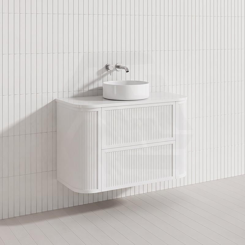 Aulic Ramee 900mm Fluted Curved Plywood Single Bowl Wall Hung Vanity with L-Rail Finger Pull Drawers Matt White