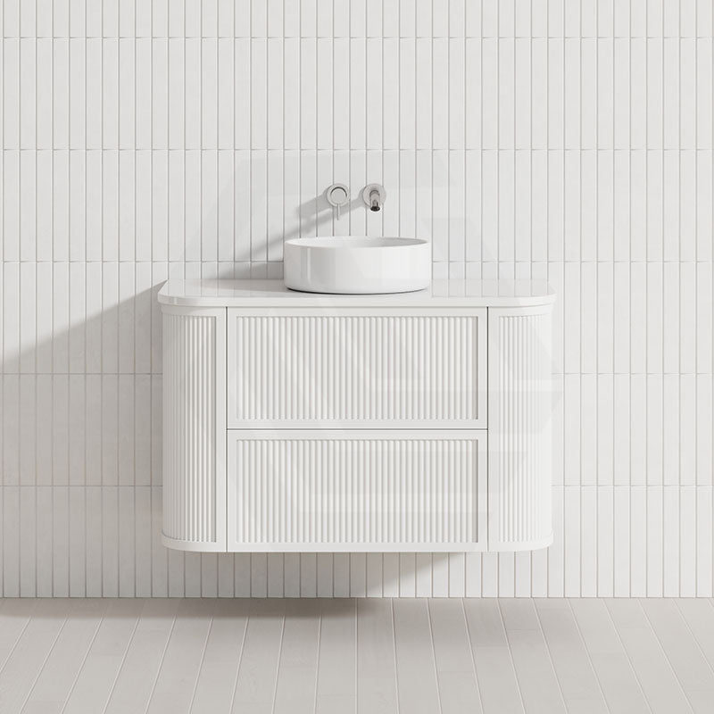 Aulic Ramee 750-1800mm Matt White Fluted Curved Plywood Wall Hung Vanity with L-Rail Finger Pull Drawers
