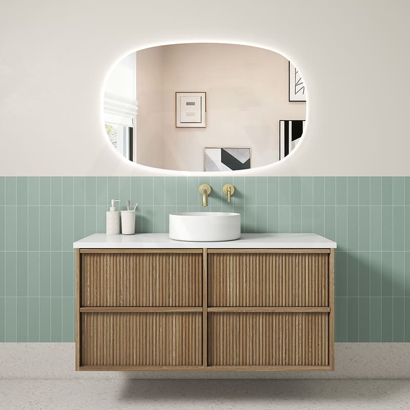 Aulic Venetta 600-1800mm Harvest Oak Fluted Framed Plywood Wall Hung Vanity with L-Rail Finger Pull Drawers