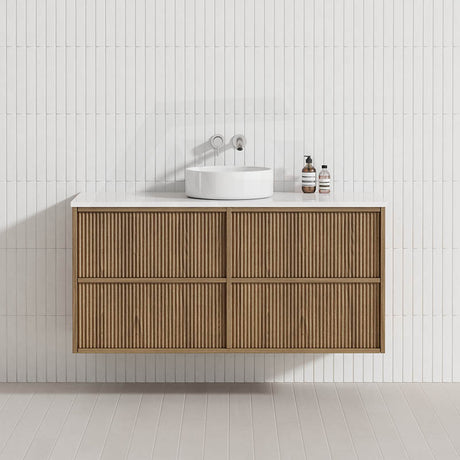 Aulic Venetta 600-1800mm Harvest Oak Fluted Framed Plywood Wall Hung Vanity with L-Rail Finger Pull Drawers