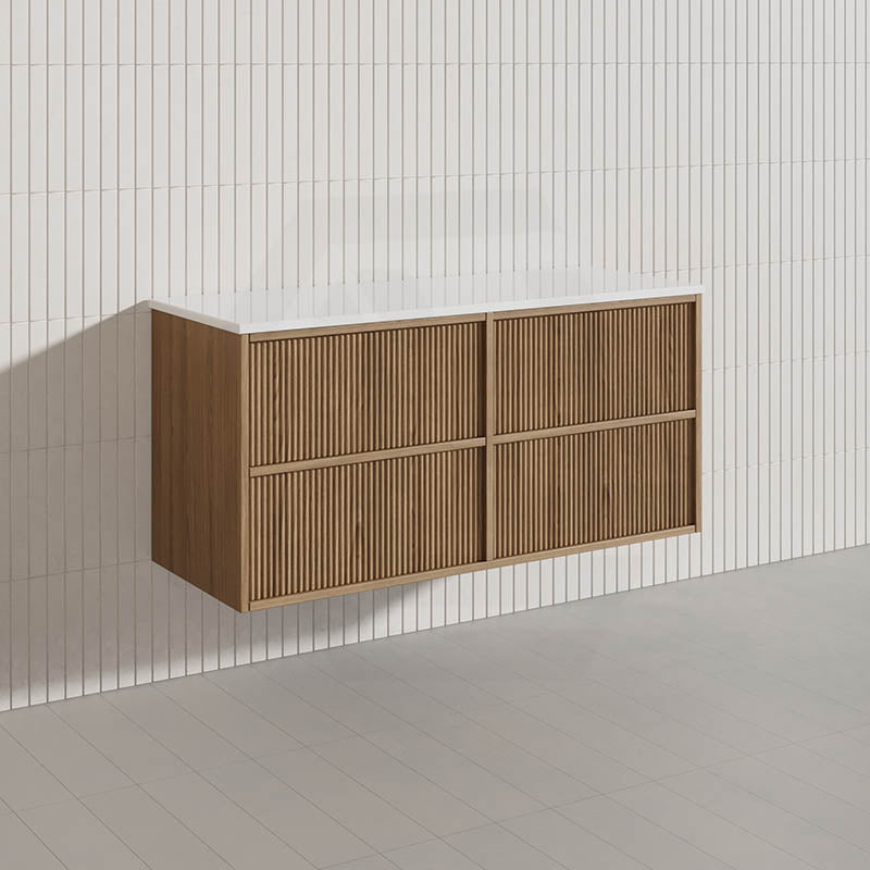 Aulic Venetta 600-1800mm Harvest Oak Fluted Framed Plywood Wall Hung Vanity with L-Rail Finger Pull Drawers