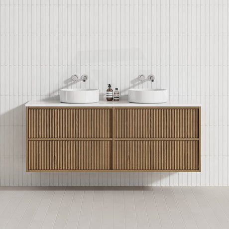 Aulic Venetta 600-1800mm Harvest Oak Fluted Framed Plywood Wall Hung Vanity with L-Rail Finger Pull Drawers