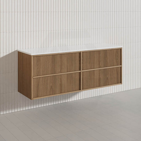 Aulic Venetta 600-1800mm Harvest Oak Fluted Framed Plywood Wall Hung Vanity with L-Rail Finger Pull Drawers