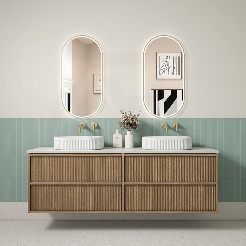 Aulic Venetta 600-1800mm Harvest Oak Fluted Framed Plywood Wall Hung Vanity with L-Rail Finger Pull Drawers