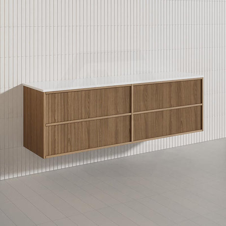 Aulic Venetta 600-1800mm Harvest Oak Fluted Framed Plywood Wall Hung Vanity with L-Rail Finger Pull Drawers
