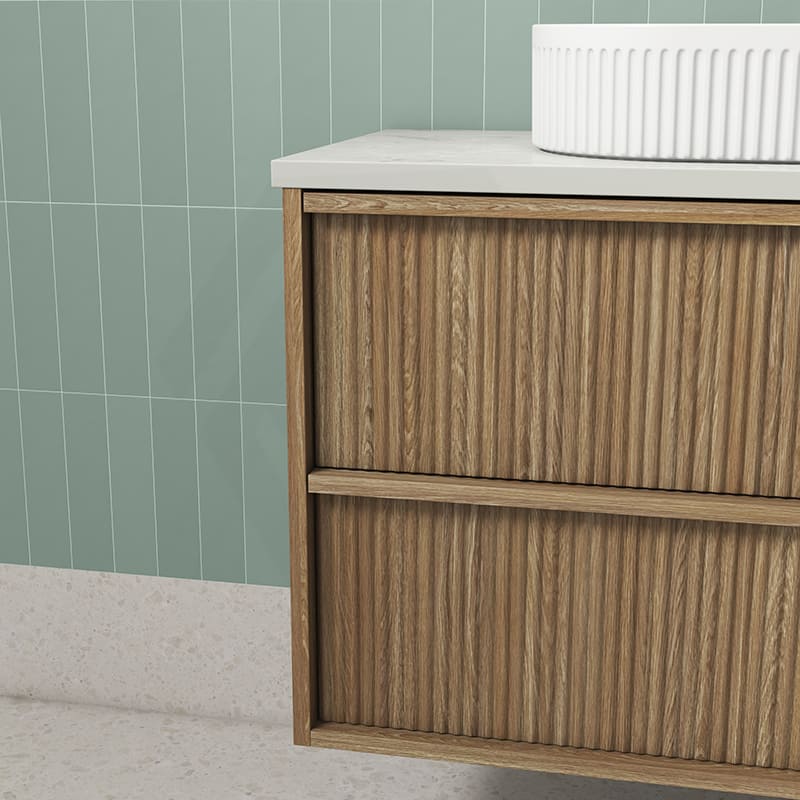 Aulic Venetta 600-1800mm Harvest Oak Fluted Framed Plywood Wall Hung Vanity with L-Rail Finger Pull Drawers