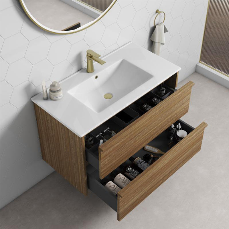 Aulic Venetta 750mm Harvest Oak Framed Plywood Wall Hung Vanity with L-Rail Finger Pull Drawers