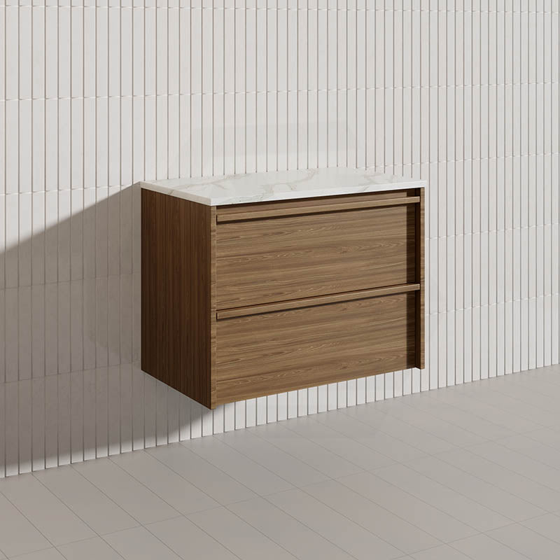 Aulic Venetta 750mm Harvest Oak Framed Plywood Wall Hung Vanity with L-Rail Finger Pull Drawers