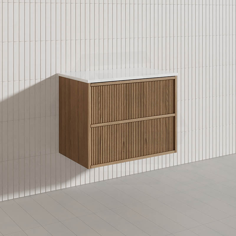 Aulic Venetta 600-1800mm Harvest Oak Fluted Framed Plywood Wall Hung Vanity with L-Rail Finger Pull Drawers