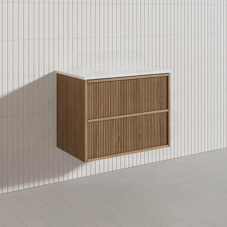 Aulic Venetta 600-1800mm Harvest Oak Fluted Framed Plywood Wall Hung Vanity with L-Rail Finger Pull Drawers