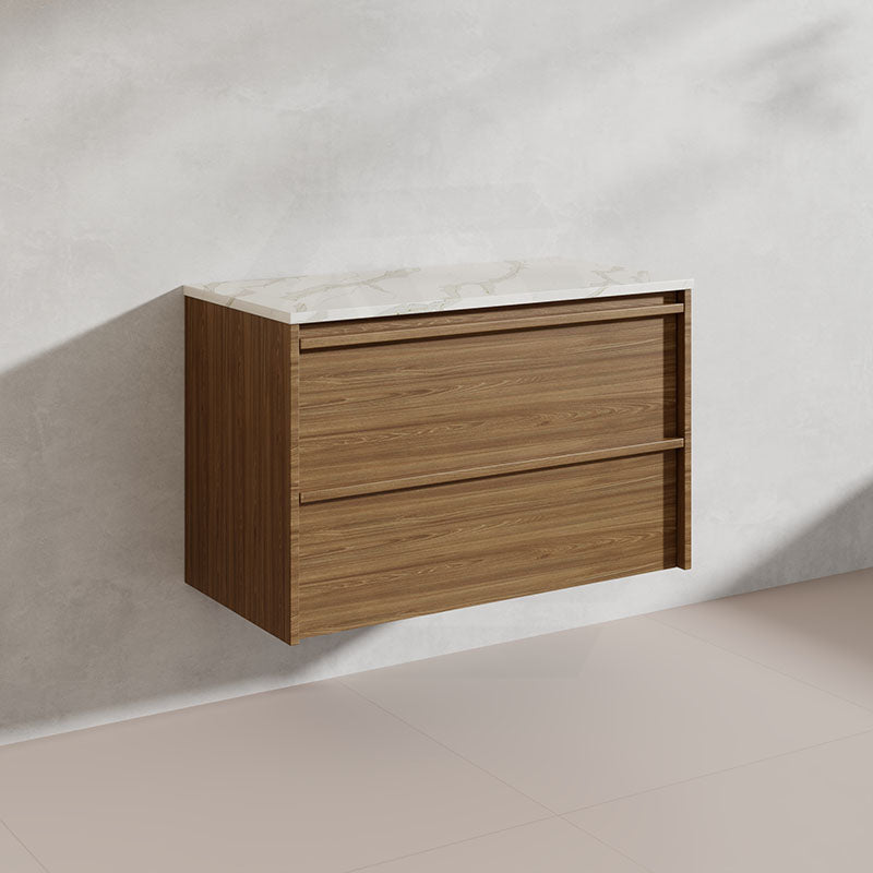 Aulic Venetta 900mm Harvest Oak Framed Plywood Wall Hung Vanity with L-Rail Finger Pull Drawers