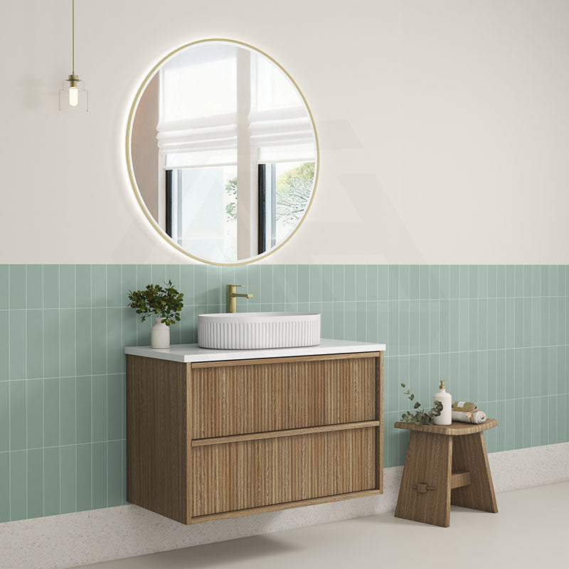 Aulic Venetta 600-1800mm Harvest Oak Fluted Framed Plywood Wall Hung Vanity with L-Rail Finger Pull Drawers