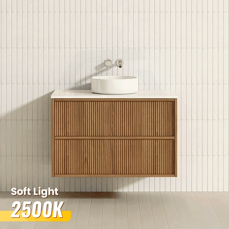 Aulic Venetta 600-1800mm Harvest Oak Fluted Framed Plywood Wall Hung Vanity with L-Rail Finger Pull Drawers