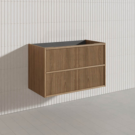 Aulic Venetta 600-1800mm Harvest Oak Fluted Framed Plywood Wall Hung Vanity with L-Rail Finger Pull Drawers