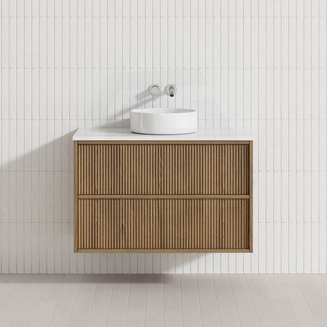 Aulic Venetta 600-1800mm Harvest Oak Fluted Framed Plywood Wall Hung Vanity with L-Rail Finger Pull Drawers