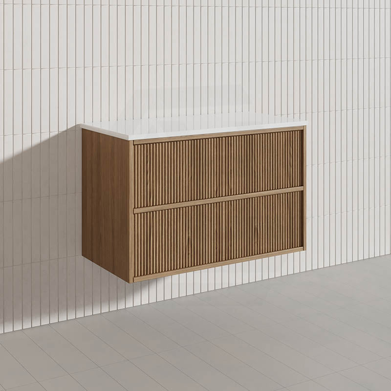 Aulic Venetta 600-1800mm Harvest Oak Fluted Framed Plywood Wall Hung Vanity with L-Rail Finger Pull Drawers