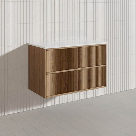 Aulic Venetta 600-1800mm Harvest Oak Fluted Framed Plywood Wall Hung Vanity with L-Rail Finger Pull Drawers