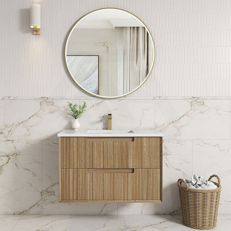 Aulic Voulari 600-1800mm Harvest Oak Framed Wall Hung Vanity Plywood Cabinet Only & Stone Top Available