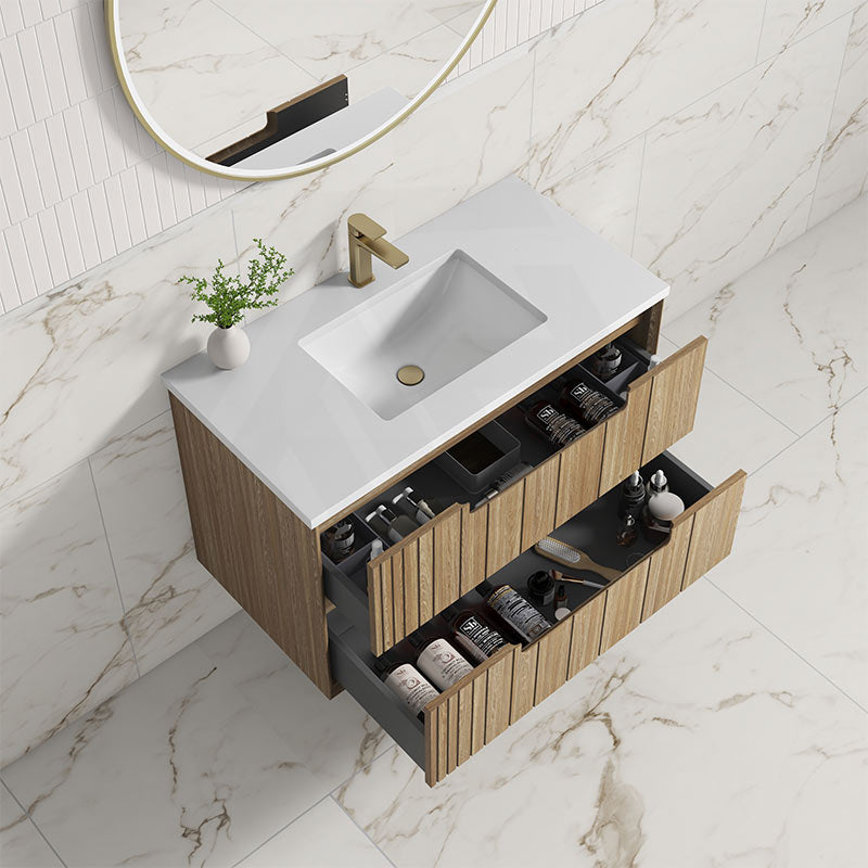 Aulic Voulari 600-1800mm Harvest Oak Framed Wall Hung Vanity Plywood Cabinet Only & Stone Top Available