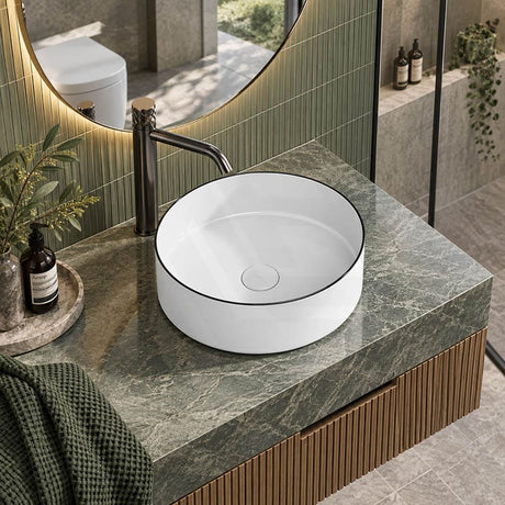 Aulic Dove Round Above Counter Wash Basin 360x360x120mm - Gloss White with Black Edge