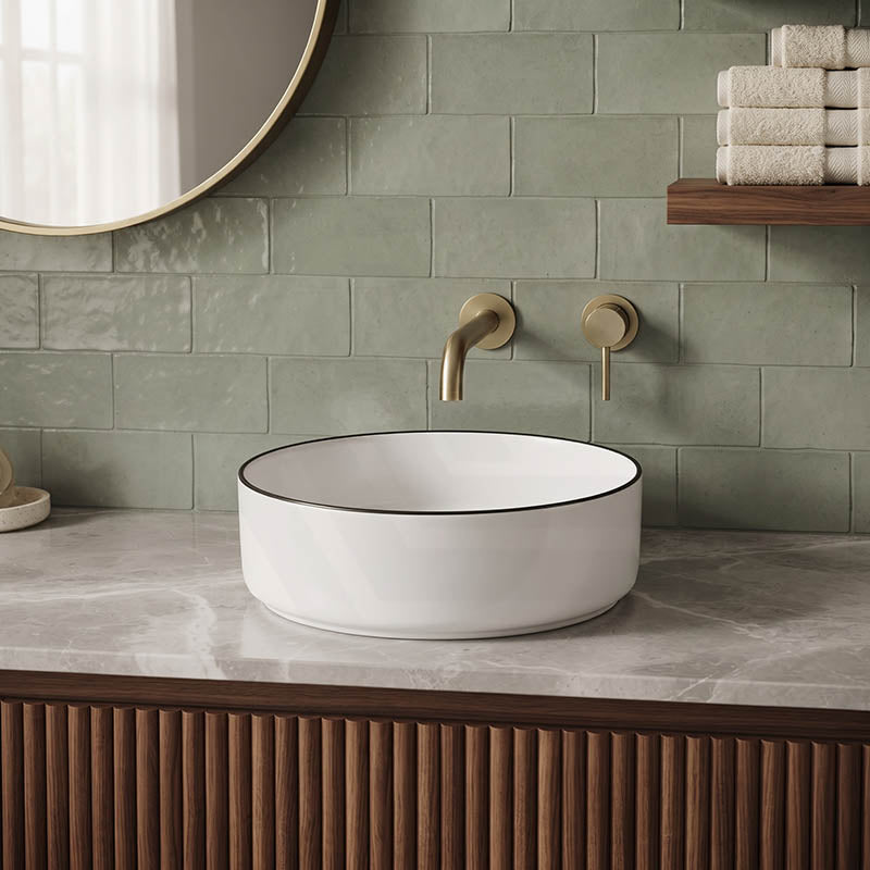 Aulic Dove Round Above Counter Wash Basin 360x360x120mm - Gloss White with Black Edge