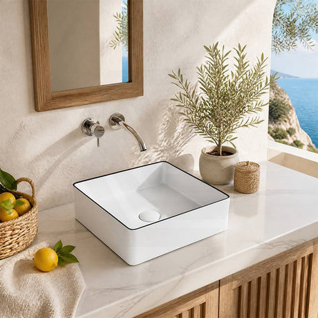 Aulic Dove Square Ceramic Above Counter Basin 365x365x110mm - Gloss White with Black Edge