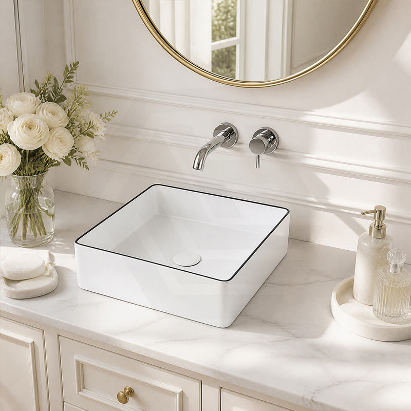 Aulic Dove Square Ceramic Above Counter Basin 365x365x110mm - Gloss White with Black Edge