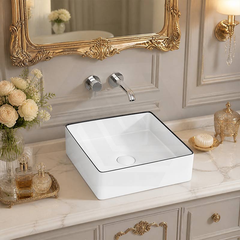 Aulic Dove Square Ceramic Above Counter Basin 365x365x110mm - Gloss White with Black Edge
