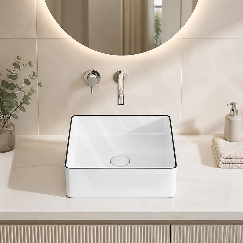 Aulic Dove Square Ceramic Above Counter Basin 365x365x110mm - Gloss White with Black Edge