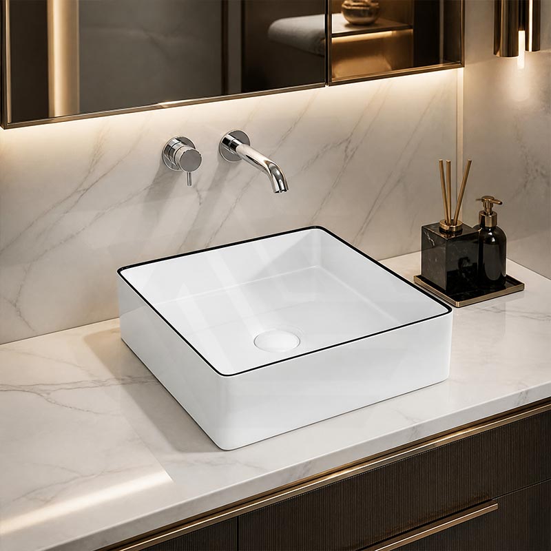 Aulic Dove Square Ceramic Above Counter Basin 365x365x110mm - Gloss White with Black Edge
