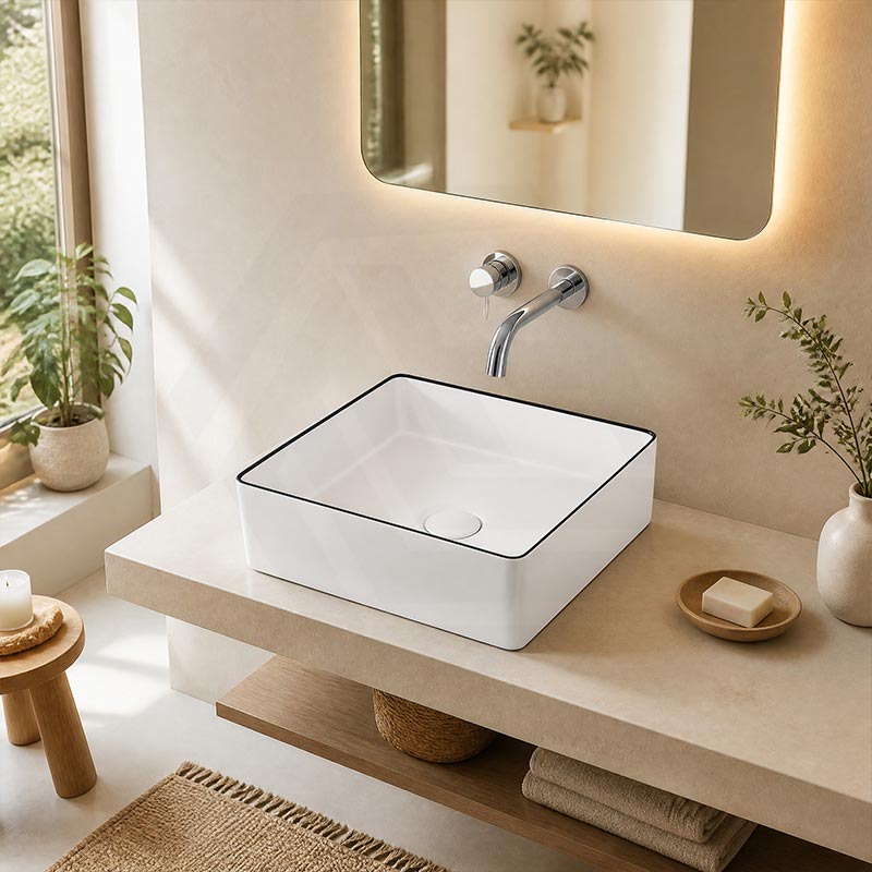 Aulic Dove Square Ceramic Above Counter Basin 365x365x110mm - Gloss White with Black Edge