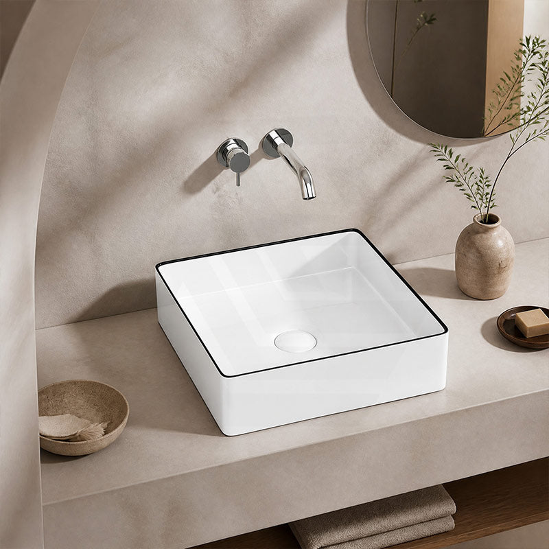 Aulic Dove Square Ceramic Above Counter Basin 365x365x110mm - Gloss White with Black Edge