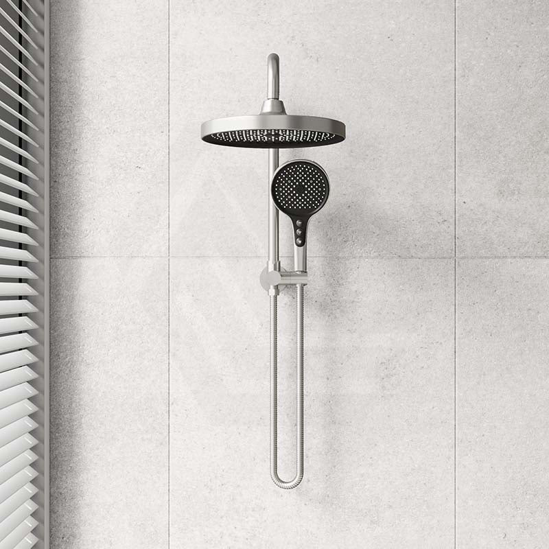 #Brushed Stainless Steel Amoza Round Mini Combo Twin Shower Set Top Inlet