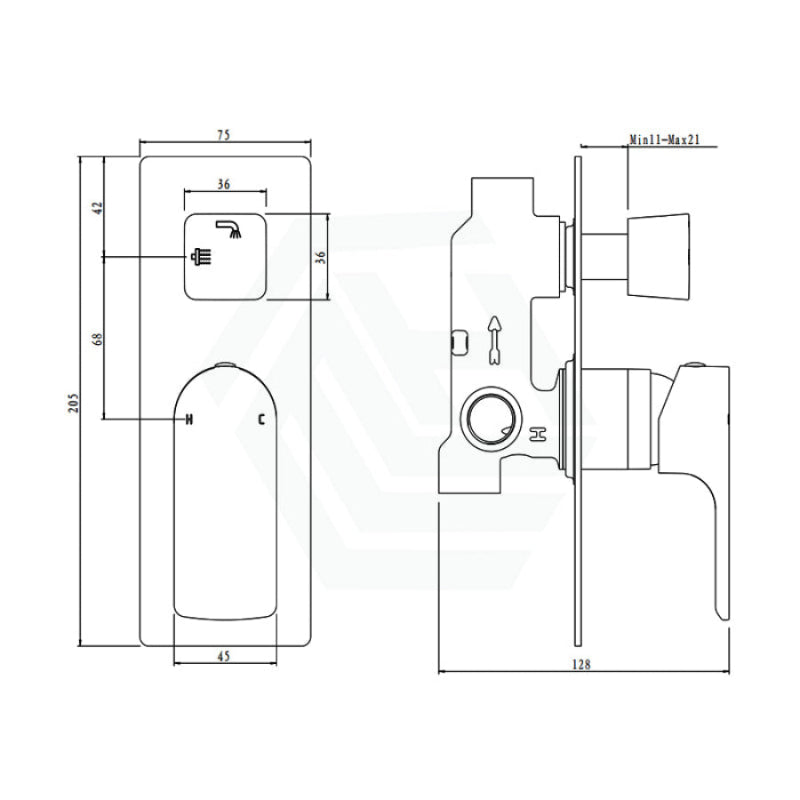 Aquaperla Vog Series Square Shower/Bath Wall Mixer With Diverter Brushed Brass/Brushed