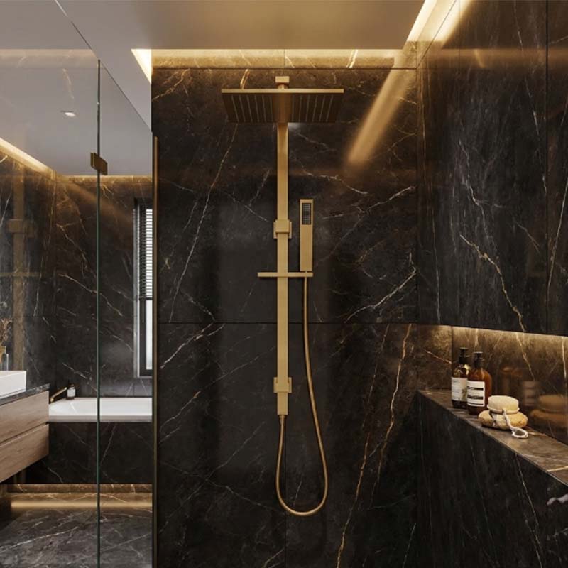 Aquaperla Square Twin Shower Station Top Inlet 10 inch 250mm - Brushed Brass/Gunmetal Grey