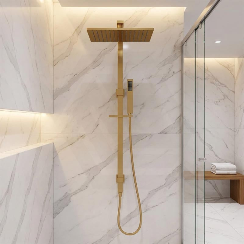 Aquaperla Square Twin Shower Station Top Inlet 10 inch 250mm - Brushed Brass/Gunmetal Grey