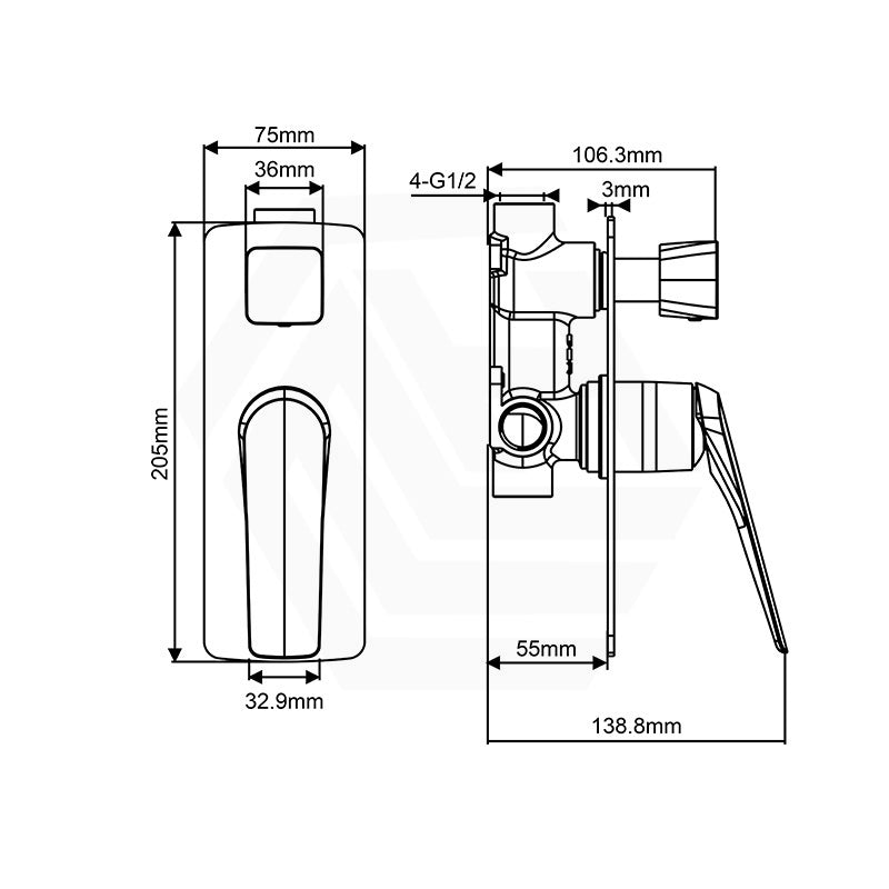Aquaperla Square Solid Brass Shower/Bath Wall Mixer with Diverter In Various Colors