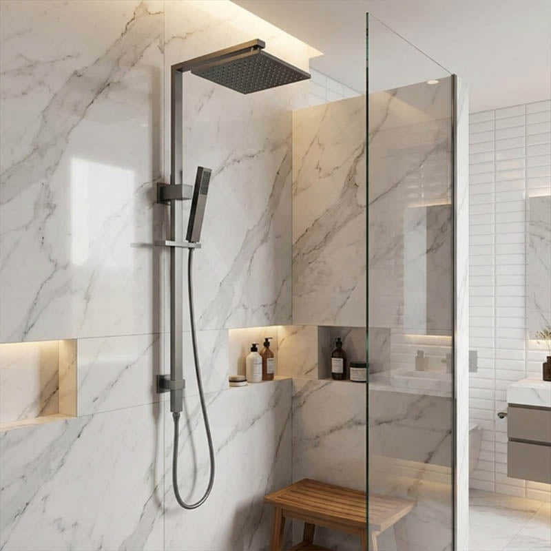 Aquaperla Square Twin Shower Station Top Inlet 10 inch 250mm - Brushed Brass/Gunmetal Grey