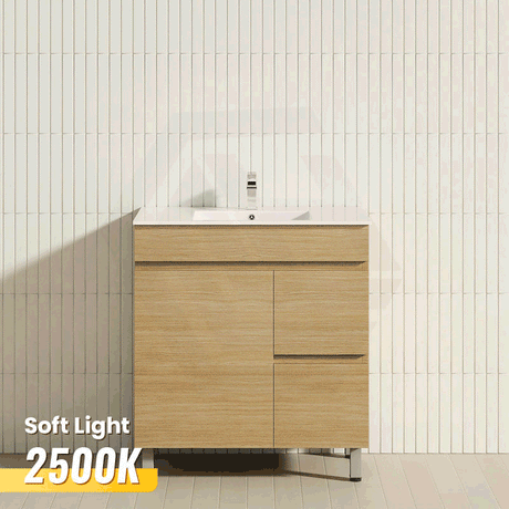600/750Mm Narrow Berge Freestanding Bathroom Vanity White Oak Wood Grain Pvc Filmed Drawers 