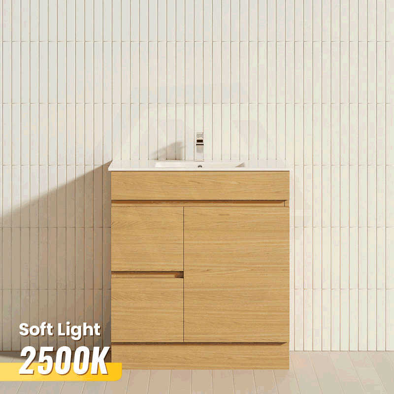 750mm NARROW Berge Freestanding Bathroom Floor Vanity with Kickboard White Oak Wood Grain PVC Filmed Cabinet ONLY & Ceramic/Poly Top Available