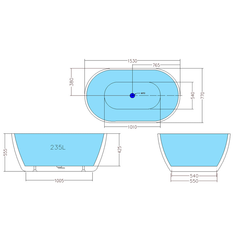 1400/1530/1690mm Noah Oval Freestanding Bathtub Acrylic Matt White No Overflow 1530mm Bathtubs