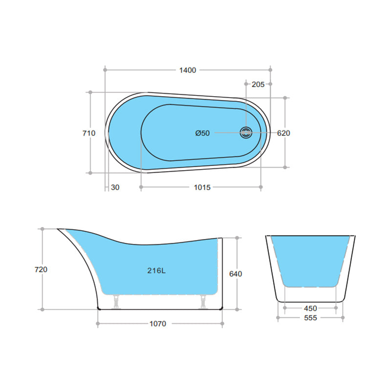 1485/1700mm Bevel Freestanding Bathtub Acrylic Gloss White Special Shape No Overflow