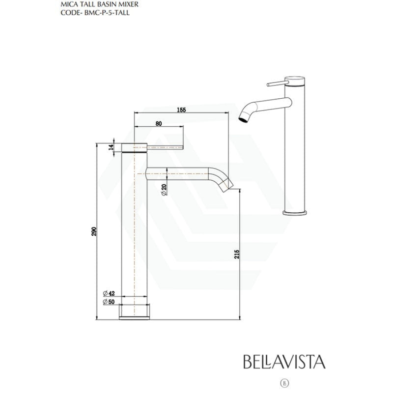 Bella Vista Mica Matt Black Tall Basin Mixer Tap Round Stainless Steel For Bathroom Mixers