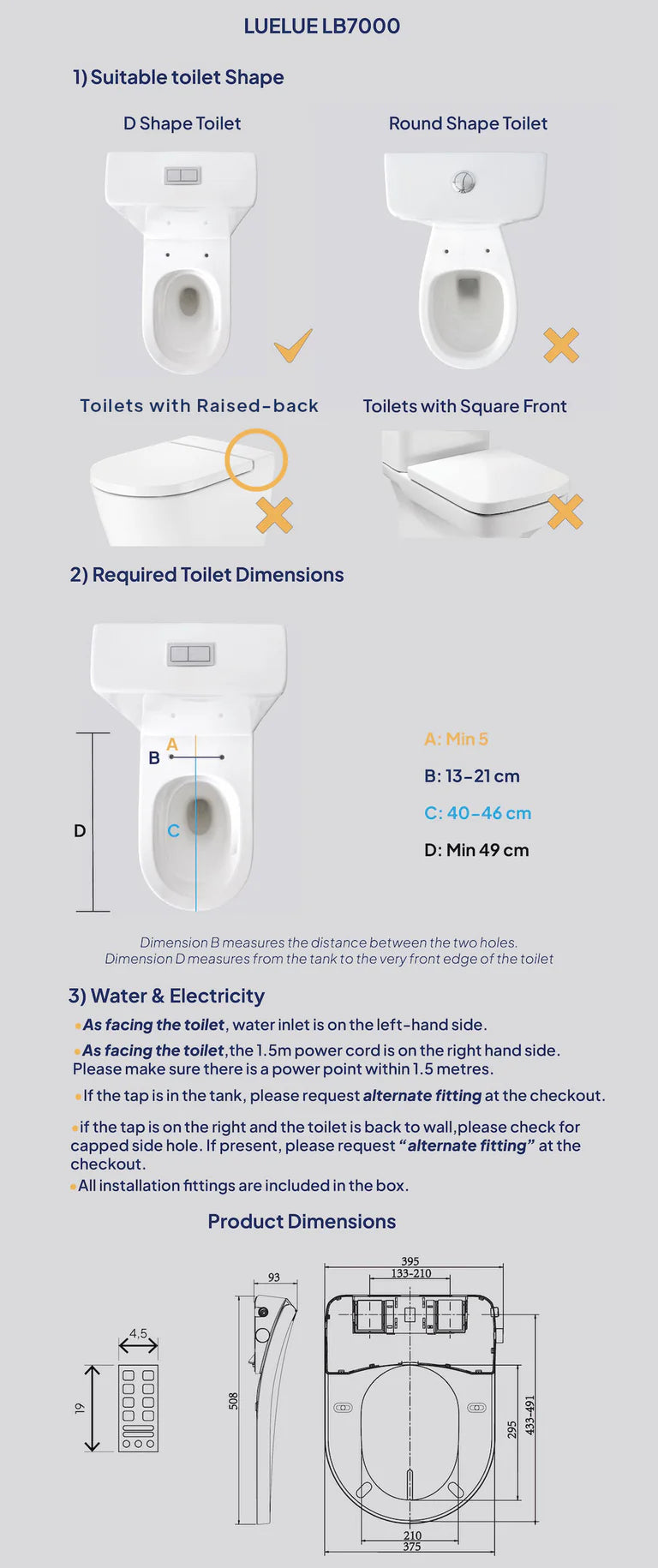 Ultra Slim Electric Intelligent Bidet Seat with Instant Heating and Remote Control for D Shape Toilets 508x375x93mm - White