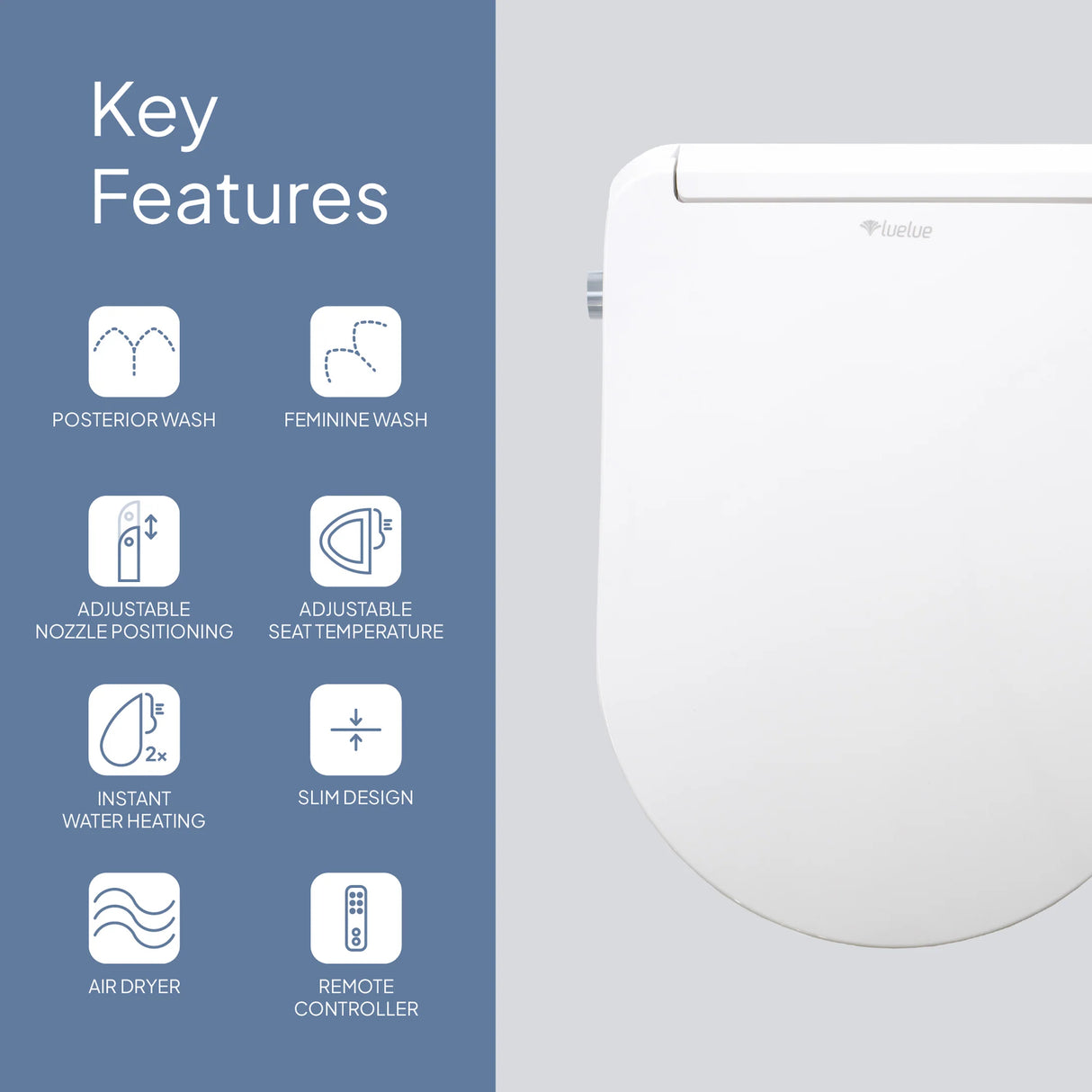 Ultra Slim Electric Intelligent Bidet Seat with Instant Heating and Remote Control for D Shape Toilets 508x375x93mm - White