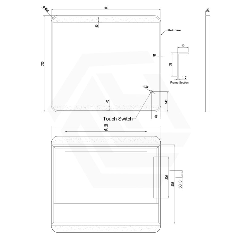 500/700/800mm Lamex Rectangle Black Framed LED Frontlit Mirror Vertical/Horizontal