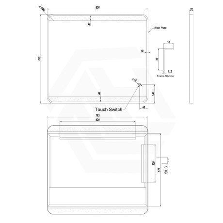 500/700/800mm Lamex Rectangle Black Framed LED Frontlit Mirror Vertical/Horizontal