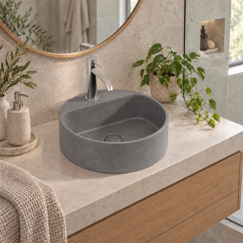 400x400x140mm Round Above Counter Concrete Basin Pop Up Waste Included In Various Colour